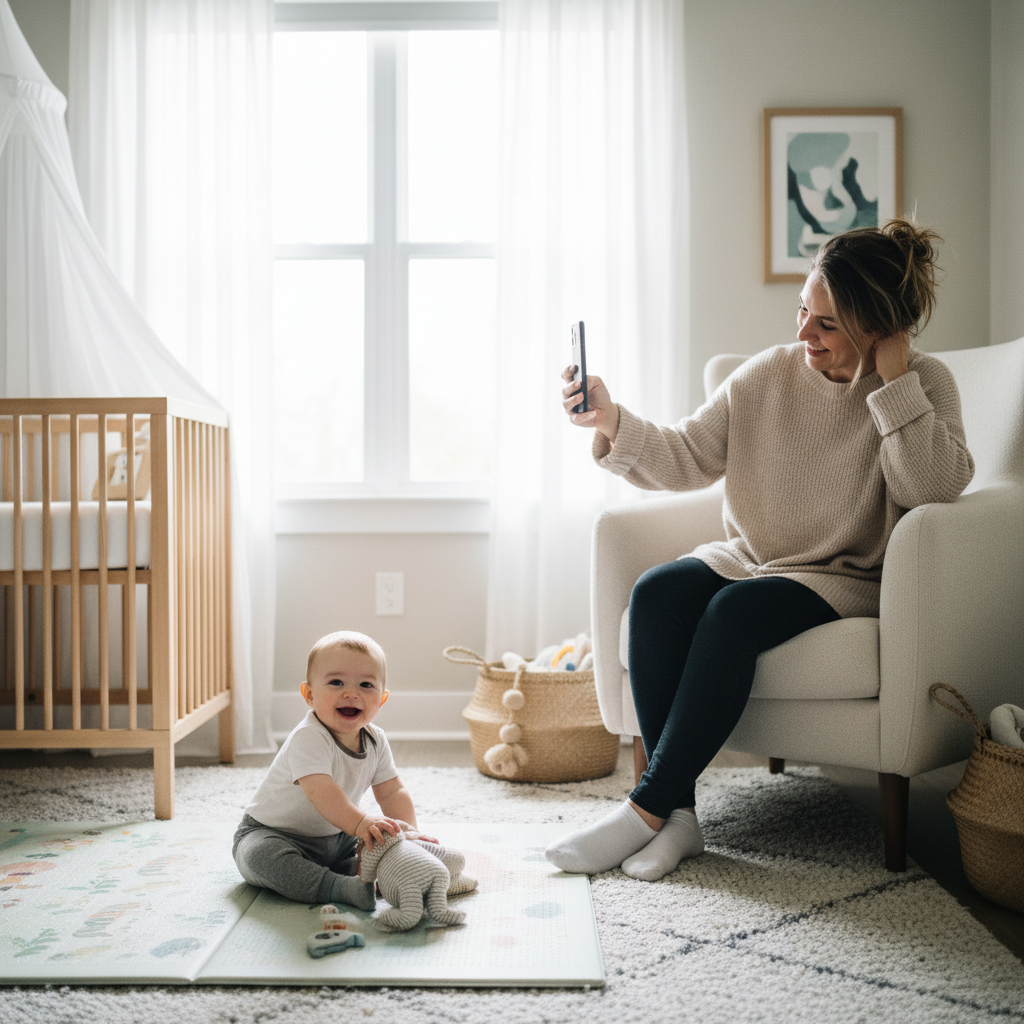 Parent taking a candid photo of their baby in soft natural window light at home