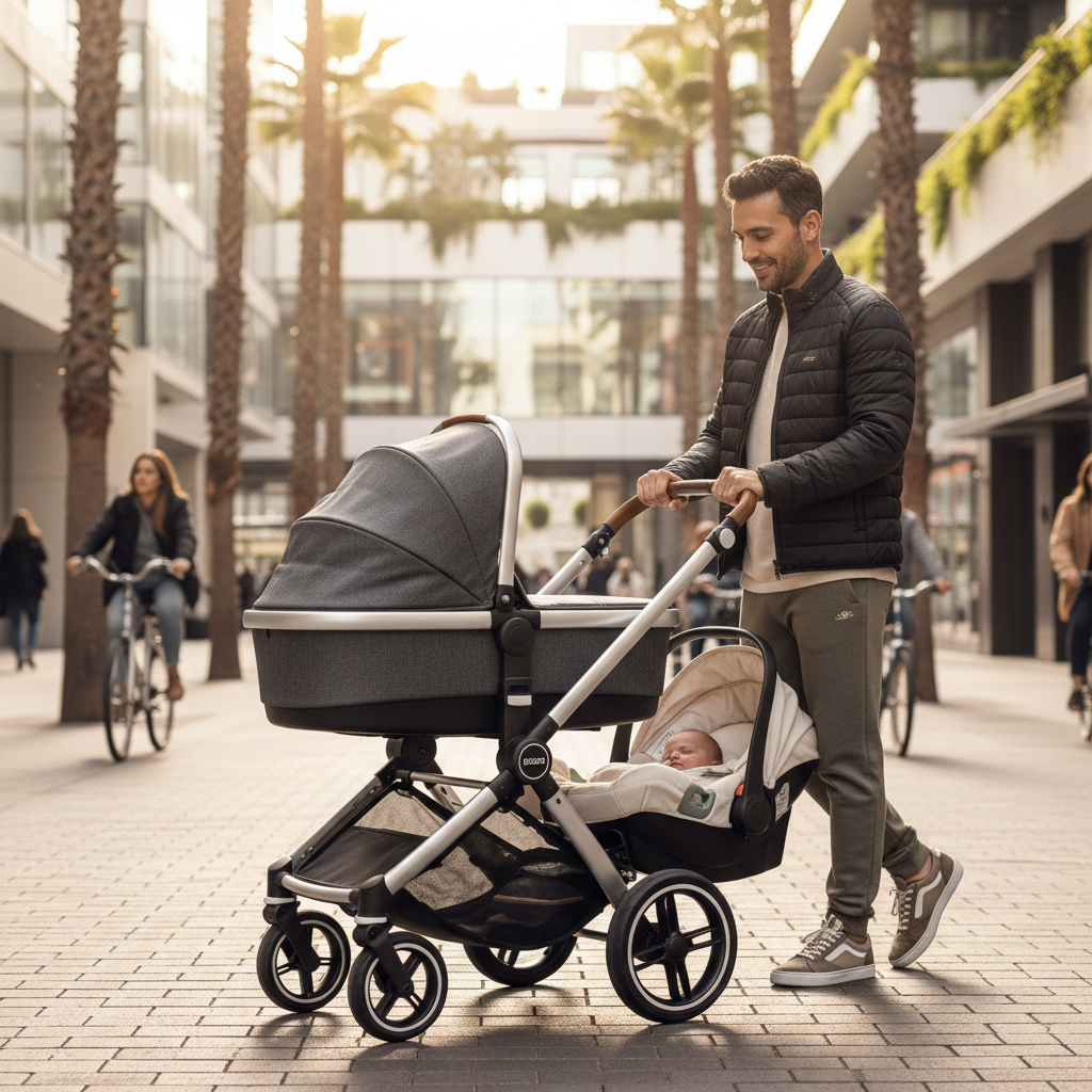 Parent using a stroller bassinet car seat combo on a bright city walk
