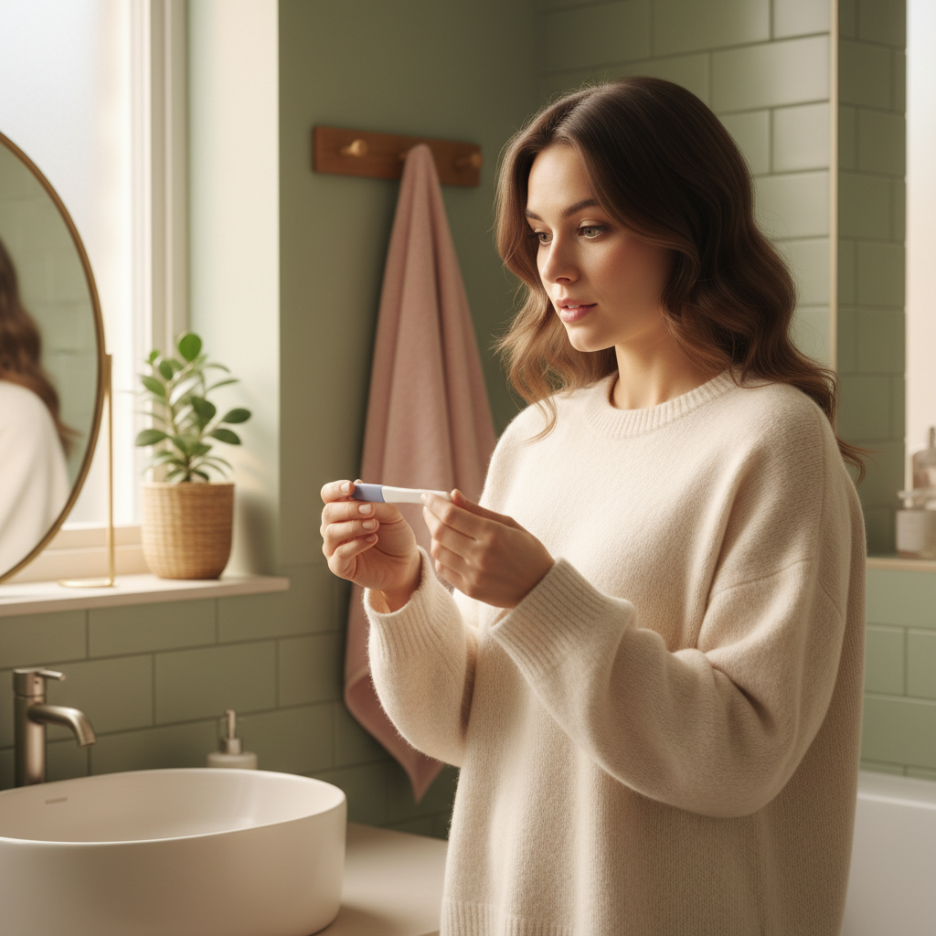 Woman in warm bathroom holding a pregnancy test, hopeful moment of waiting for results