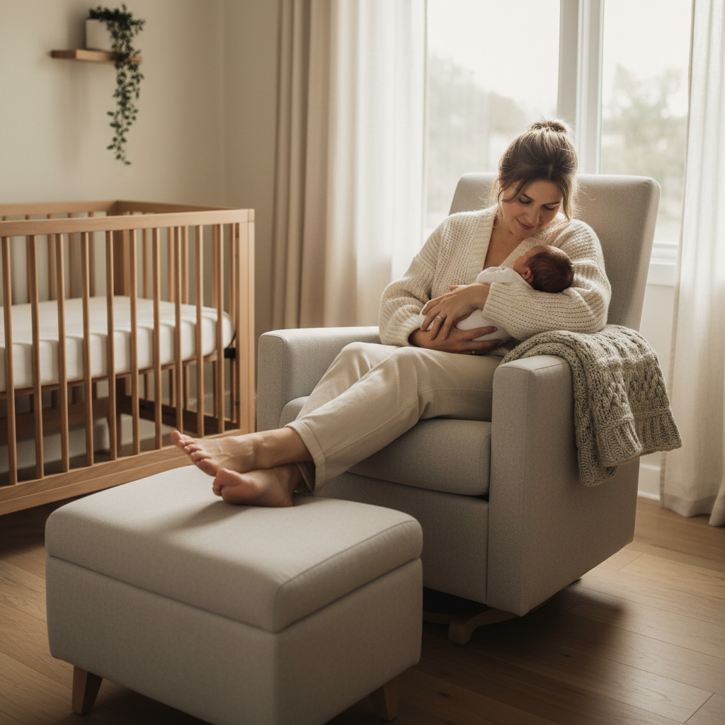 New mother cradling a swaddled newborn in a cream upholstered nursing glider in a softly lit neutral nursery