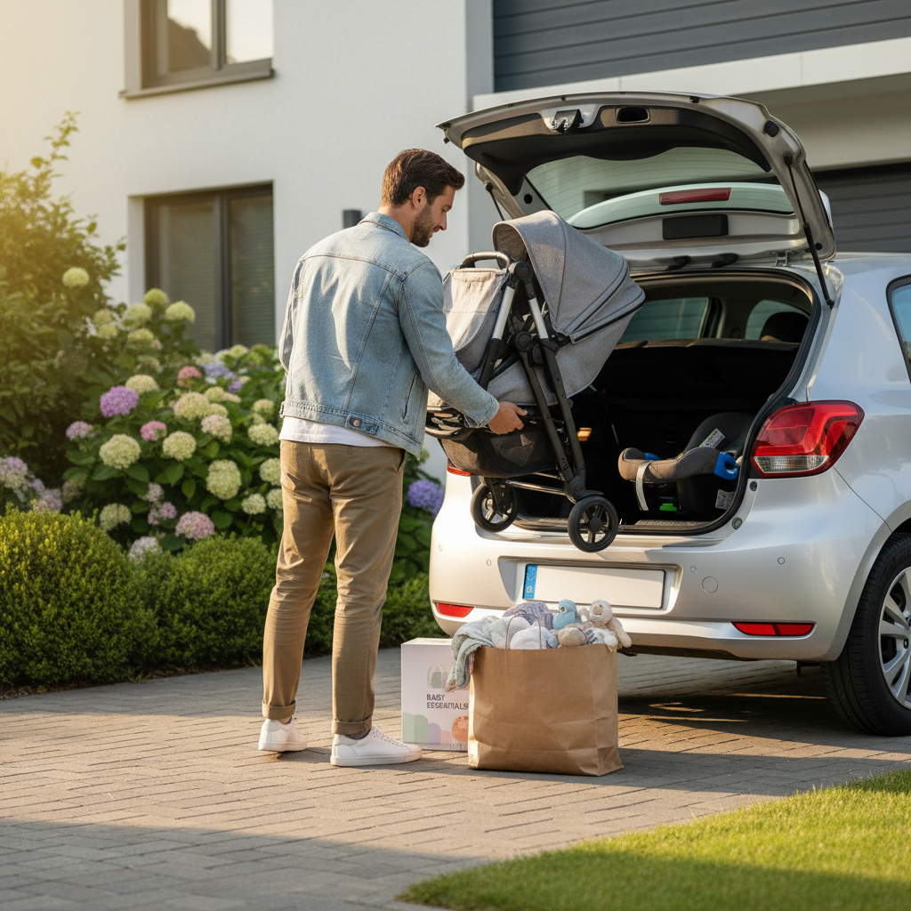 Parent lifting a lightweight stroller into a car trunk