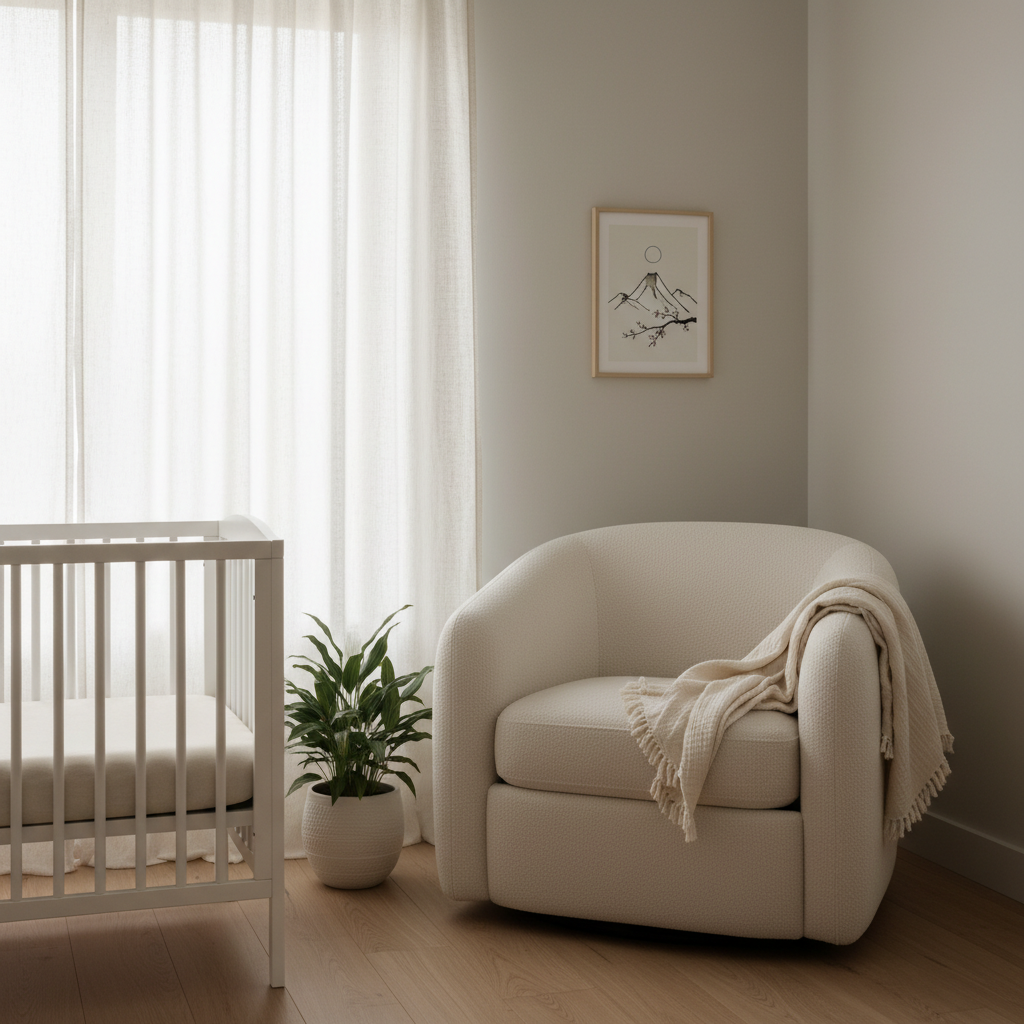 Compact cream nursing chair in a small Japandi-style nursery corner next to a crib with soft morning light