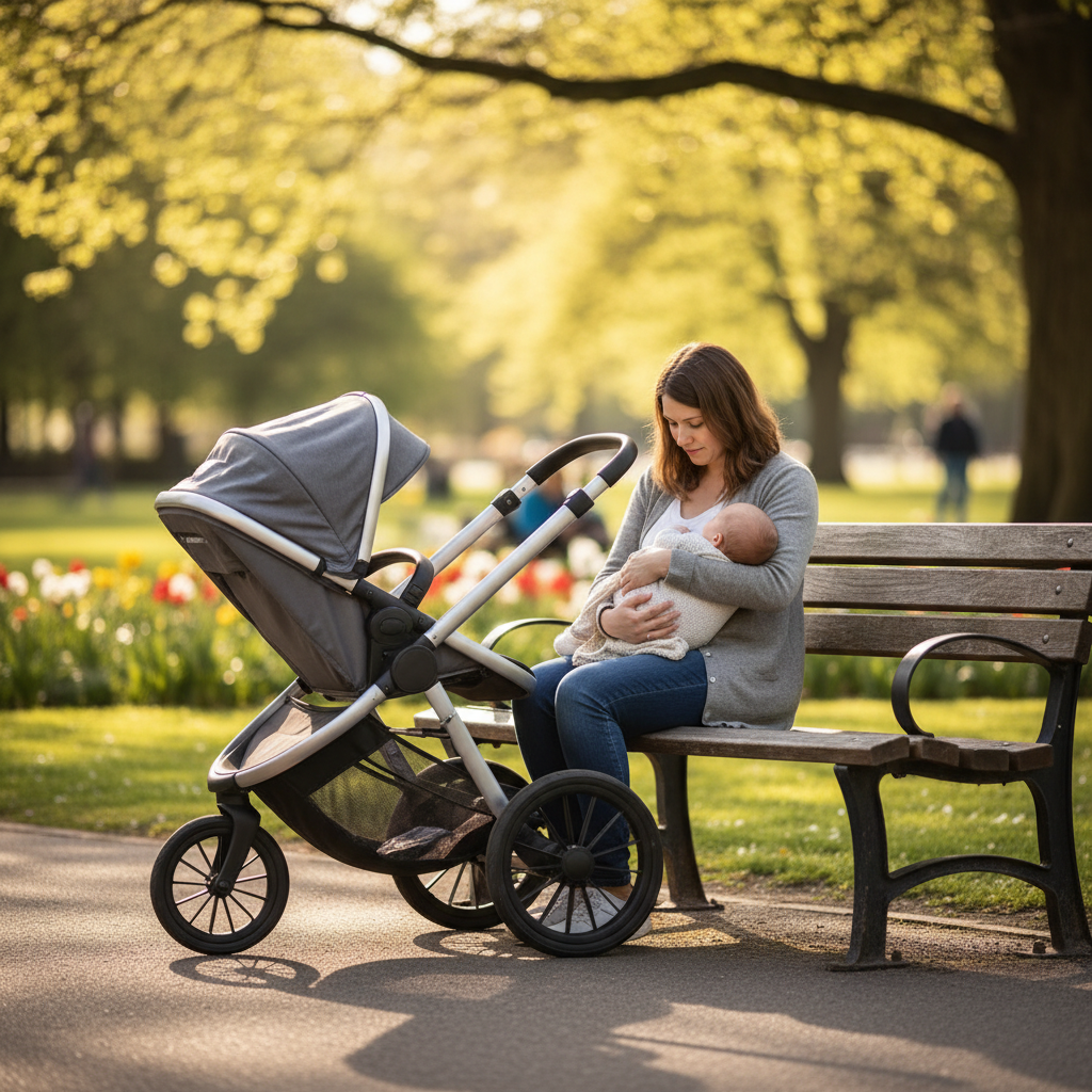Mother comforting baby who hates the stroller during a calm walk outdoors