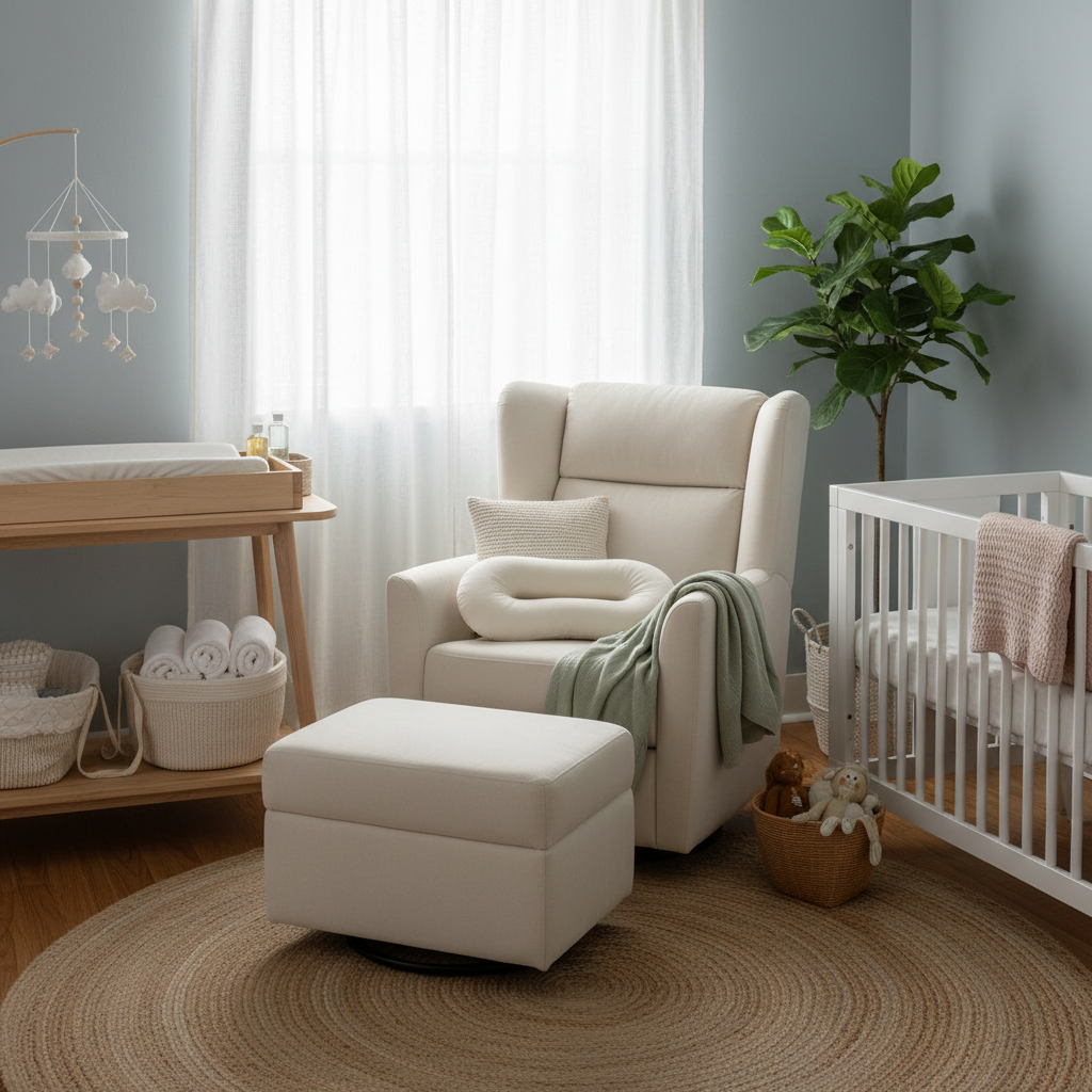 postpartum back pain nursing chair in a calm nursery