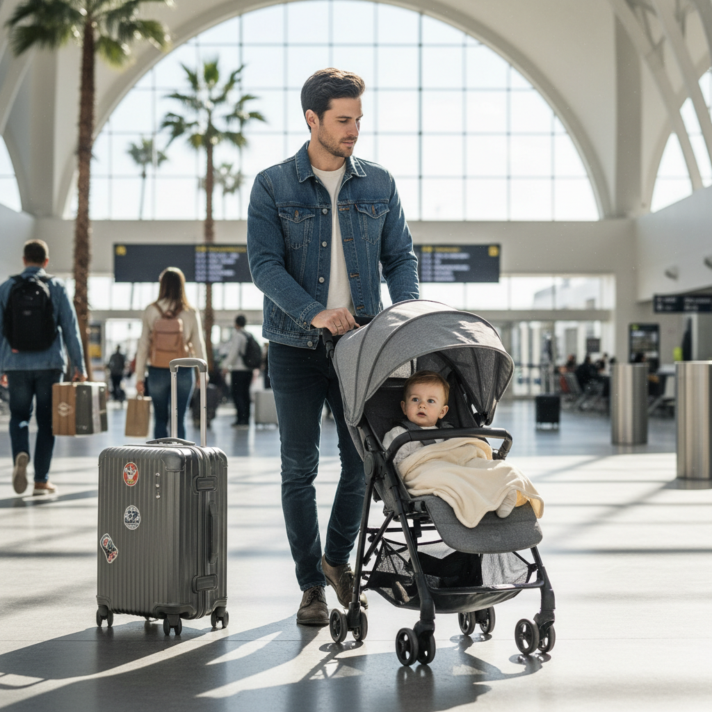 Parent pushing a lightweight travel stroller with a baby through an airport terminal.