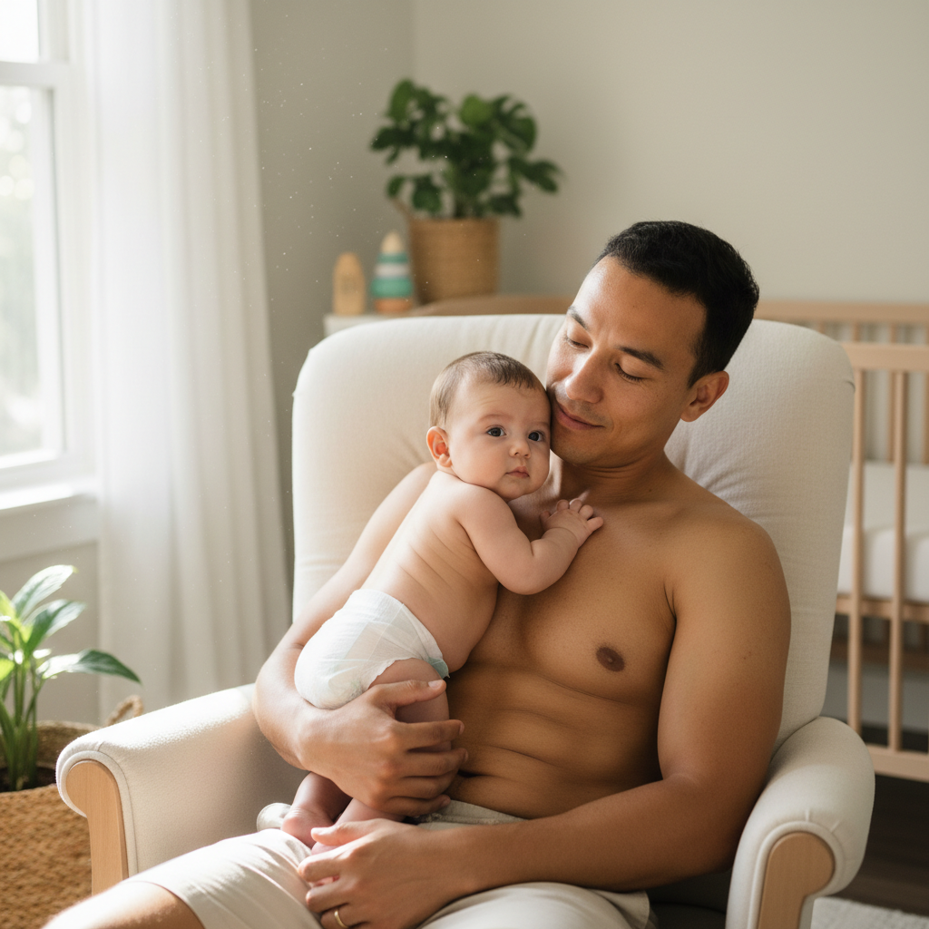 Parent doing calm skin-to-skin contact with a 3-month-old baby at home