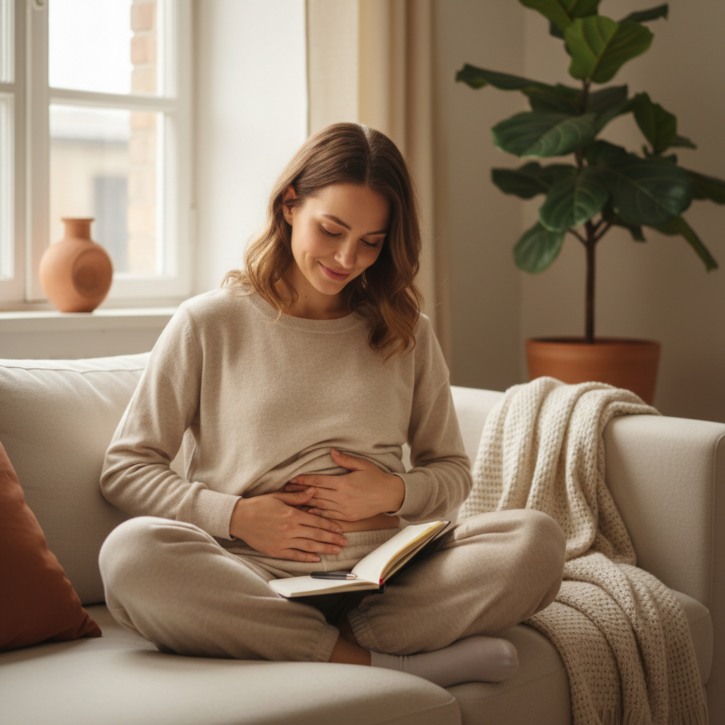 Mother reviewing C-section recovery steps while monitoring abdominal numbness