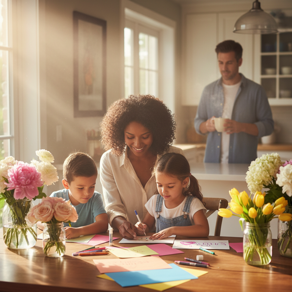 Global Mother's Day greeting cards and flowers on a family table