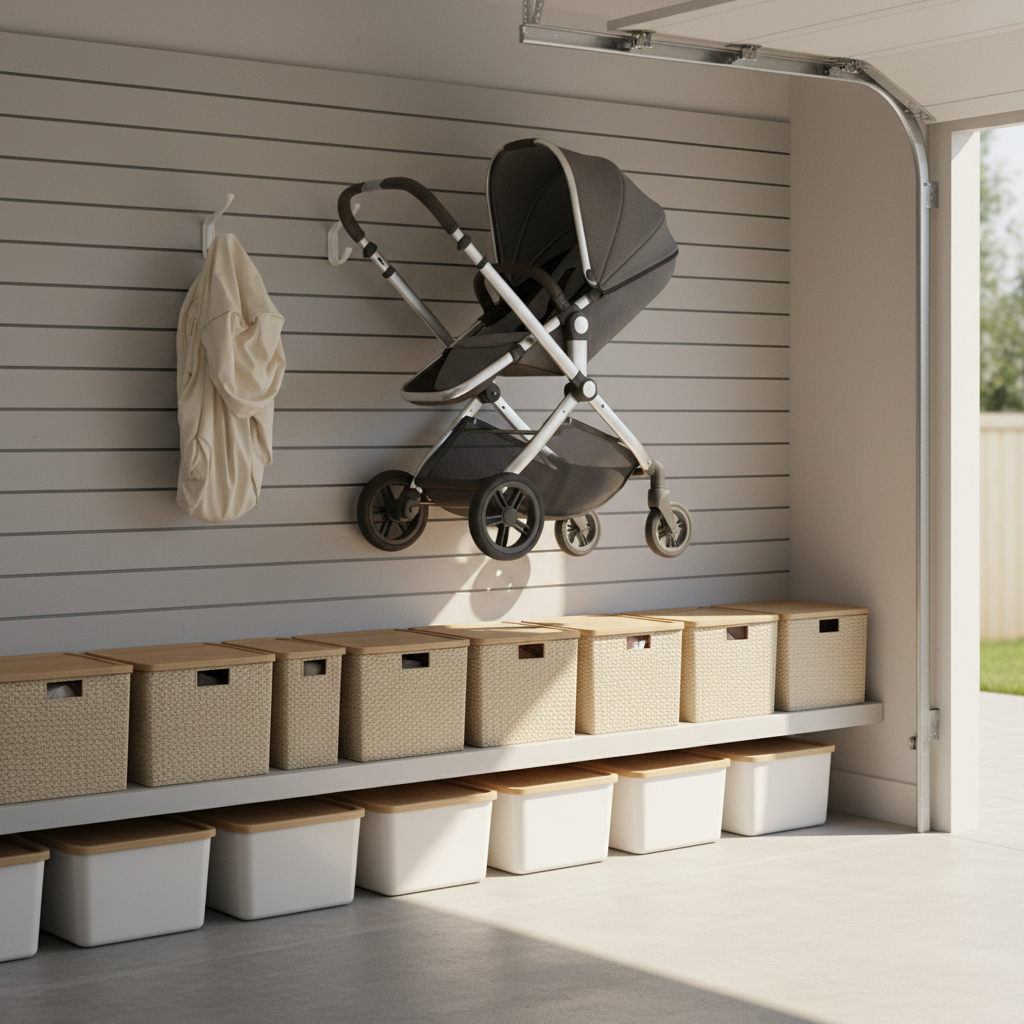 Modern baby stroller hanging on wall-mounted hooks in a clean organized garage