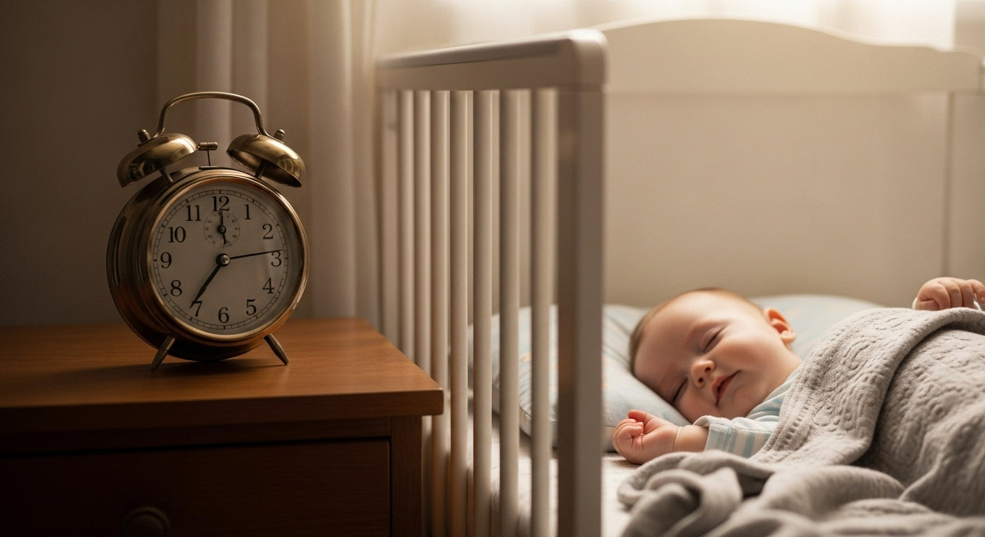Baby sleeping with an alarm clock next to him