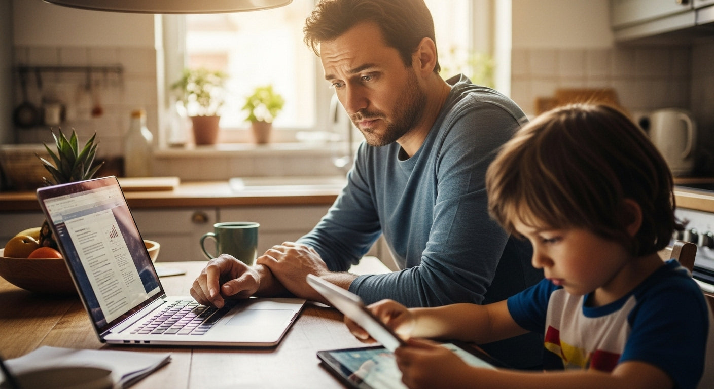 A father looks worriedly at his child using AI tools