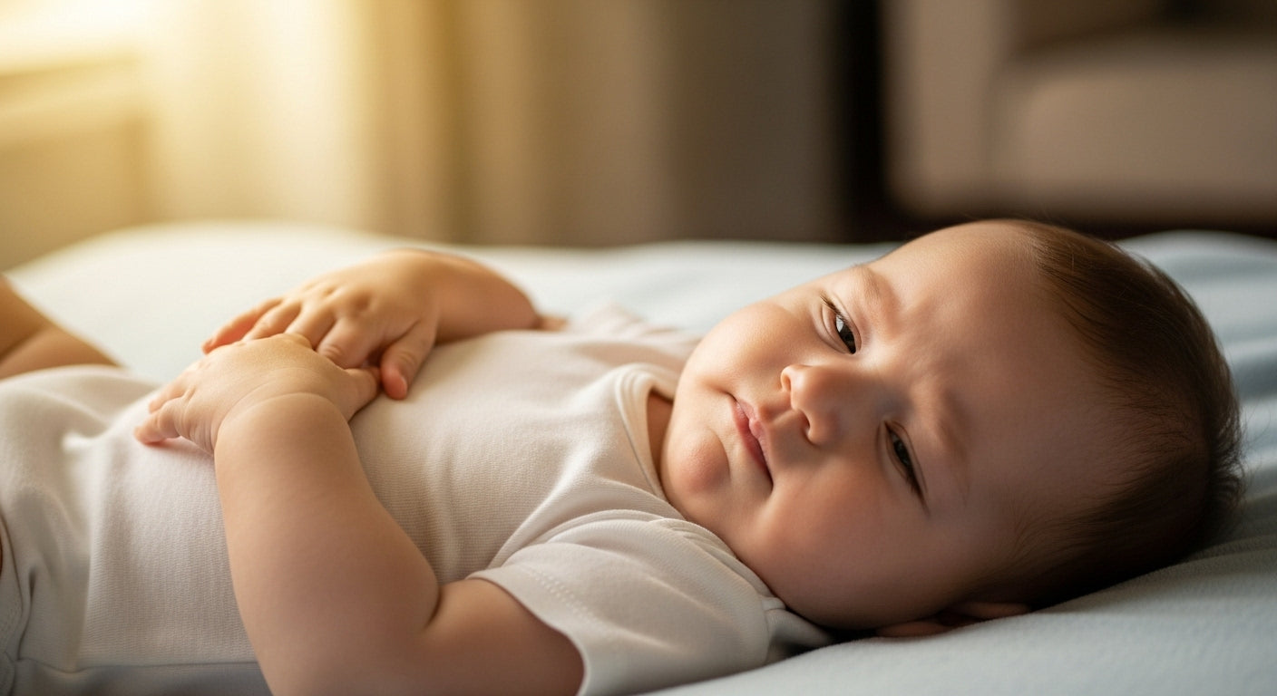 The newborn is uncomfortable due to diarrhea, with hands placed on the stomach.