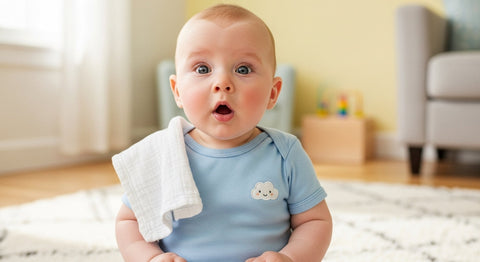 Cute baby with a surprised expression, sitting on a soft rug in a bright nursery room, wearing a blue onesie with a cloud design. The baby holds a small towel over their shoulder, perfect for illustrating baby hiccups and parenting topics