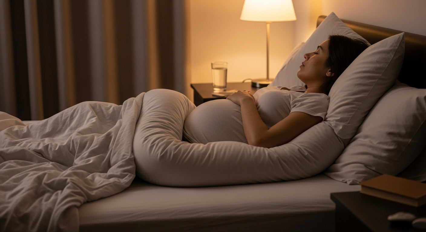 The pregnant woman lay in bed.