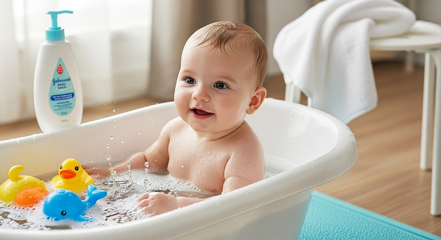 Smiling baby sitting in a shallow baby bathtub