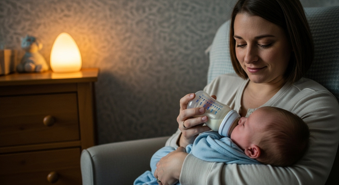 A parent feeding their newborn in a semi-awake state, with a bottle held gently and baby’s eyes
