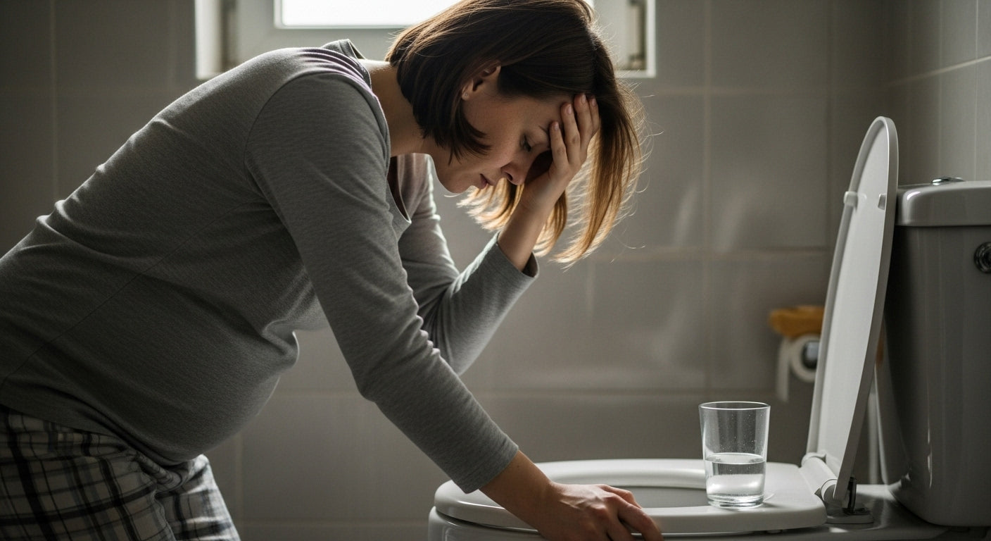 A mother crouched over the toilet, feeling nauseous.