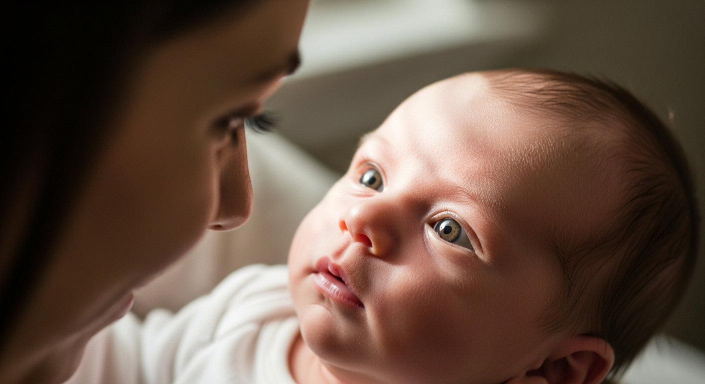 Newborn baby making eye contact with parent, demonstrating early vision development