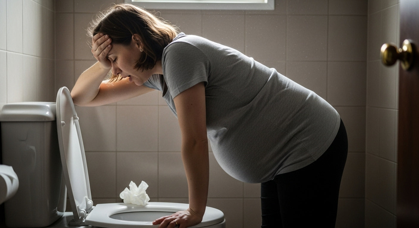 Pregnant woman managing third trimester nausea at home