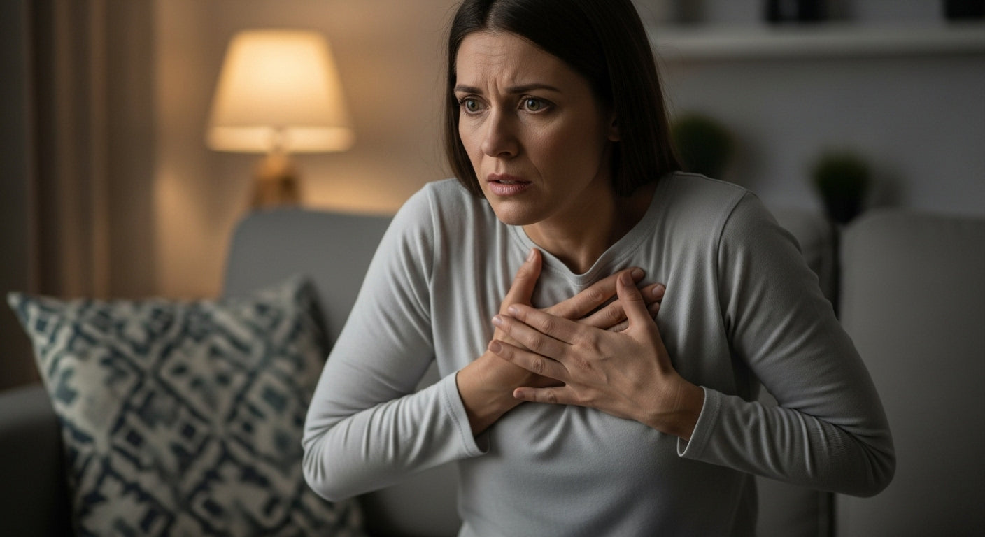 A mother holding her chest feel pain