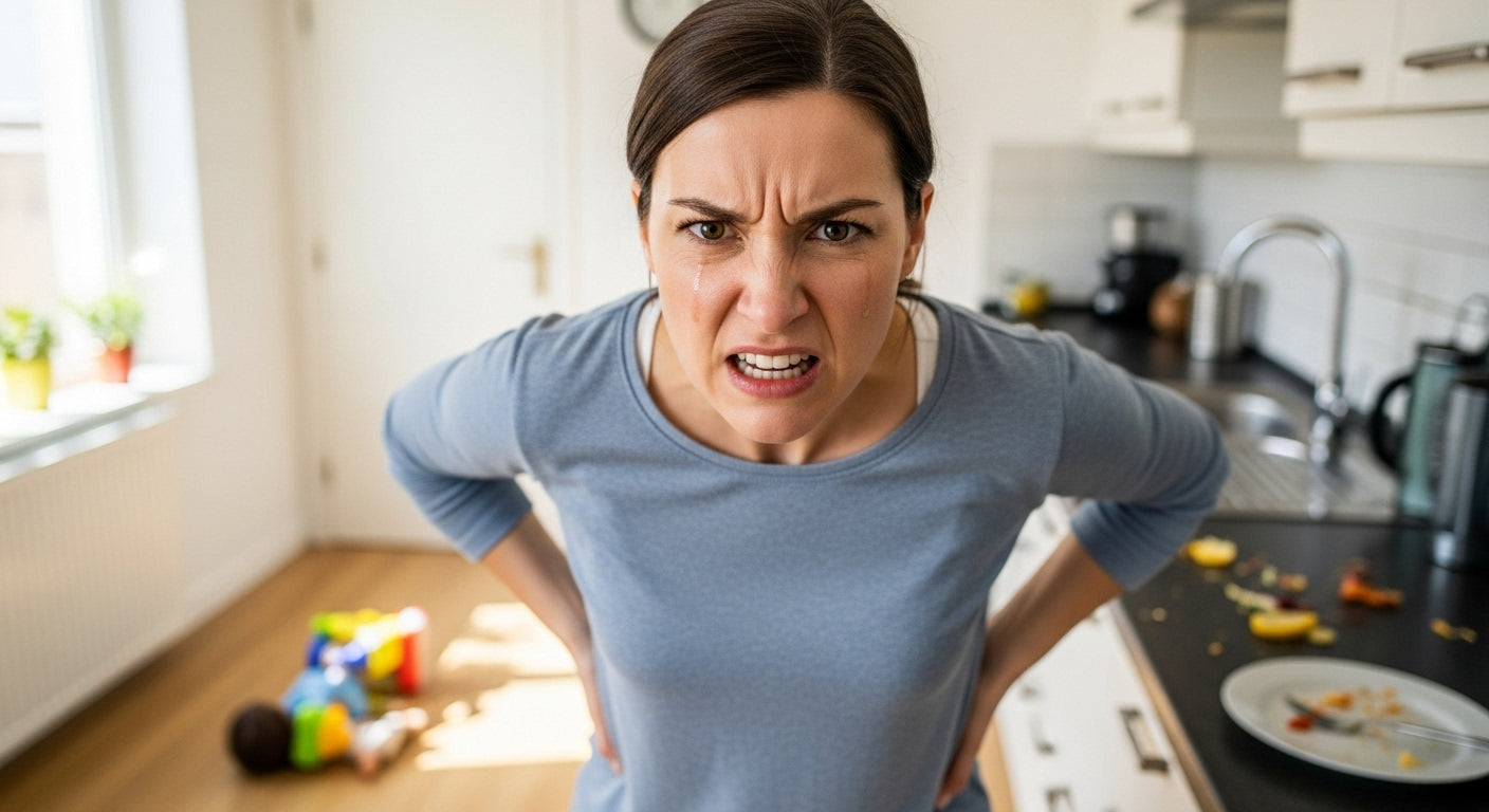 mom with angry expression, stand in the kitchen