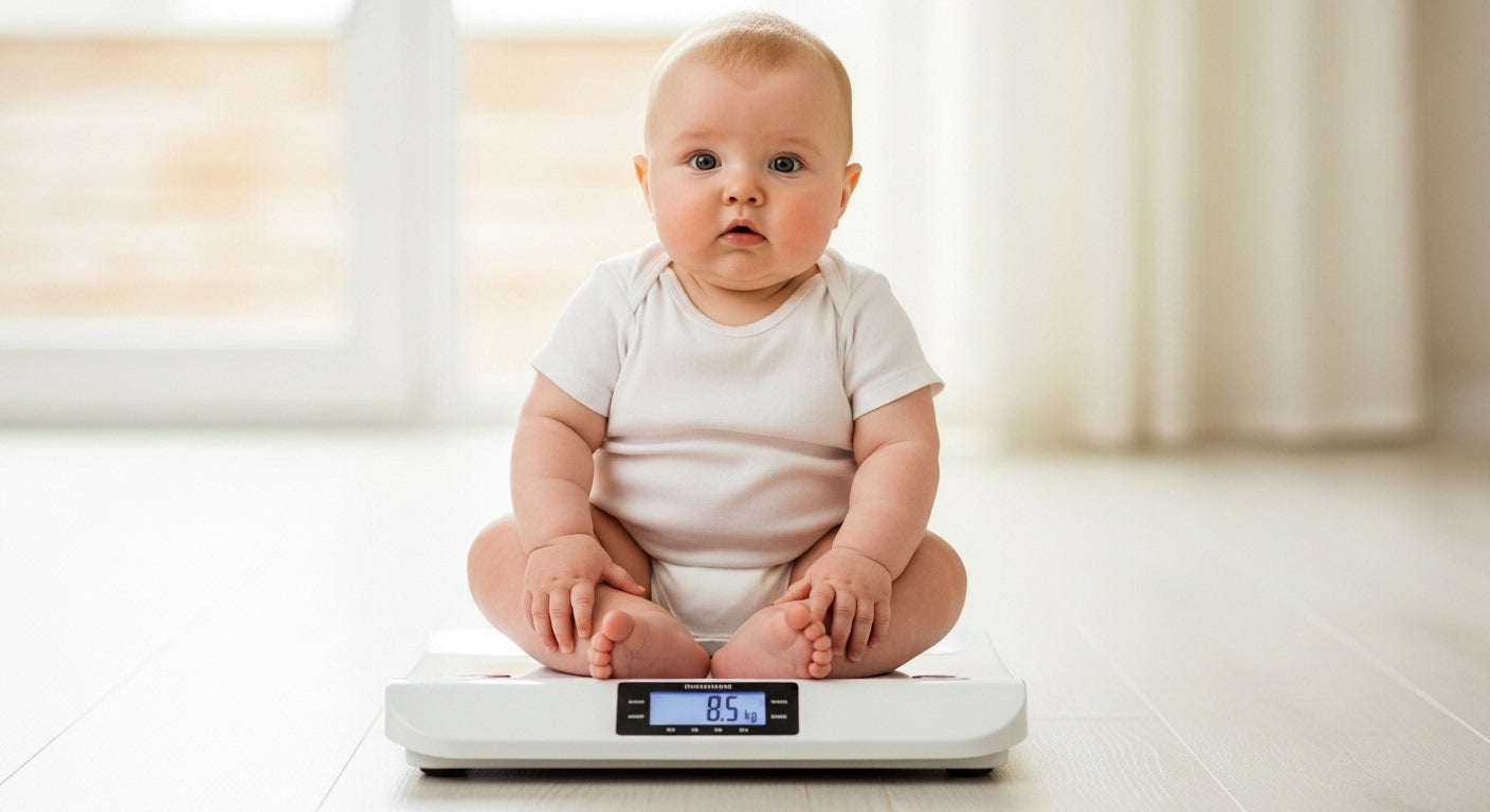 Three month old baby sitting on a scale for a weight check