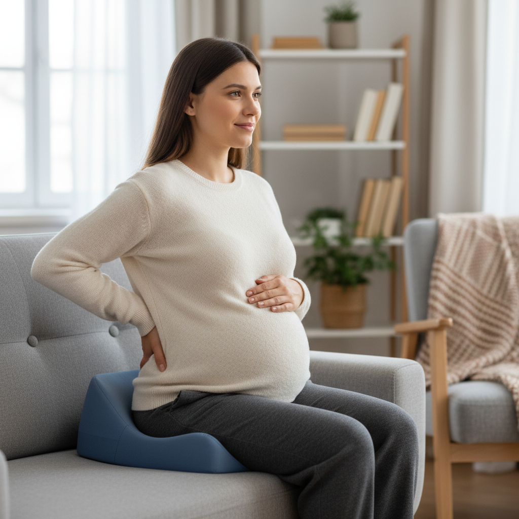 Pregnant woman using a coccyx cushion to reduce tailbone pressure while seated