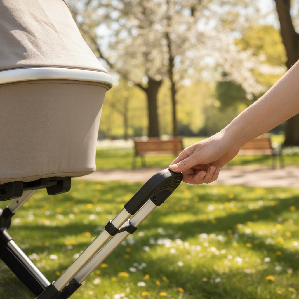 Parent inspecting a stuck stroller brake pedal on the rear wheel