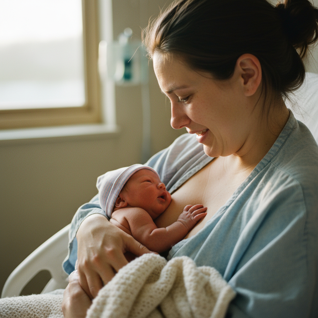 Mother holding a newborn close during the first hours after birth