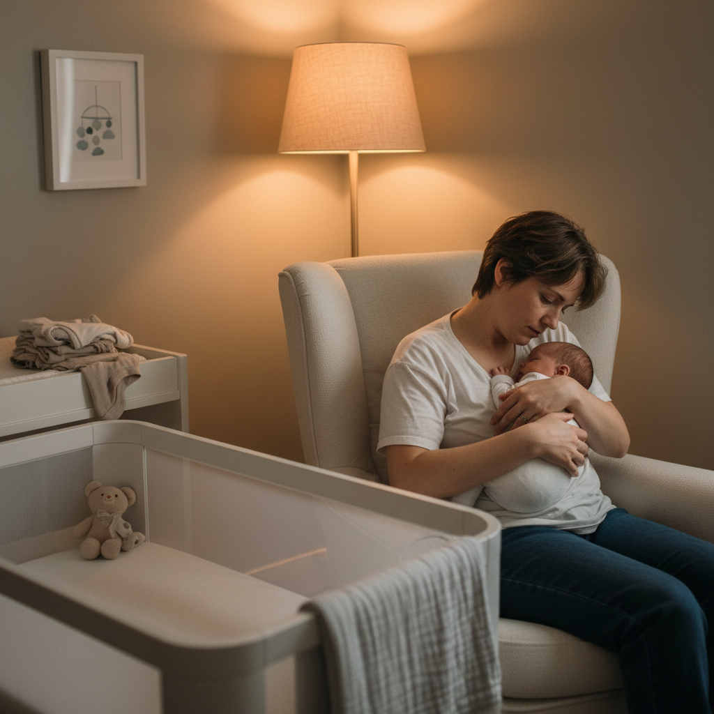 Parent soothing a young baby in a calm nursery at bedtime