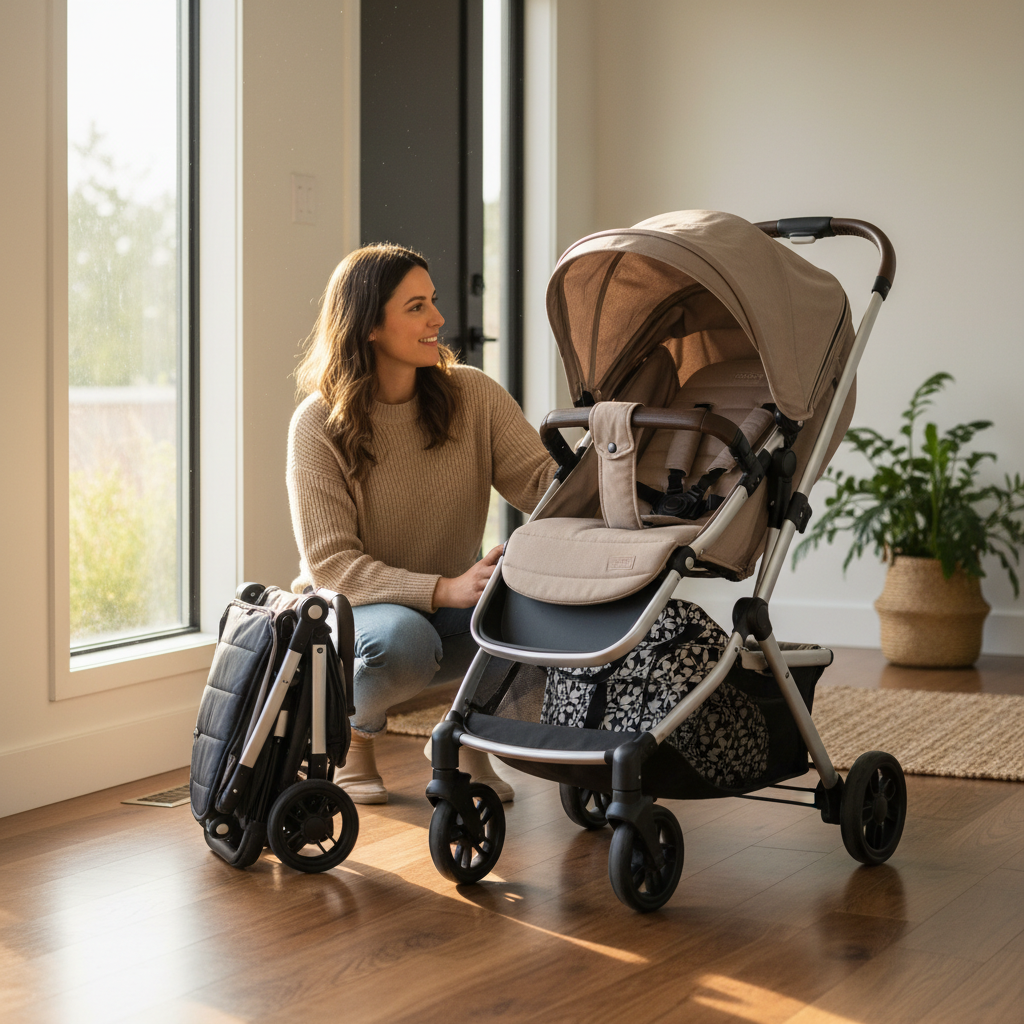 Travel stroller vs everyday stroller comparison in a real home entryway