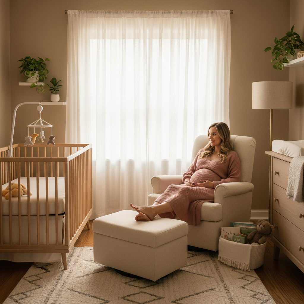 Pregnant woman in third trimester sitting comfortably in a supportive glider nursing chair