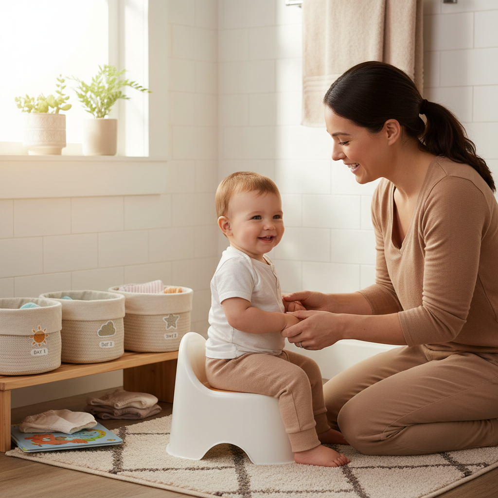 Parent helping a toddler start a calm three-day potty training routine beside a child potty chair