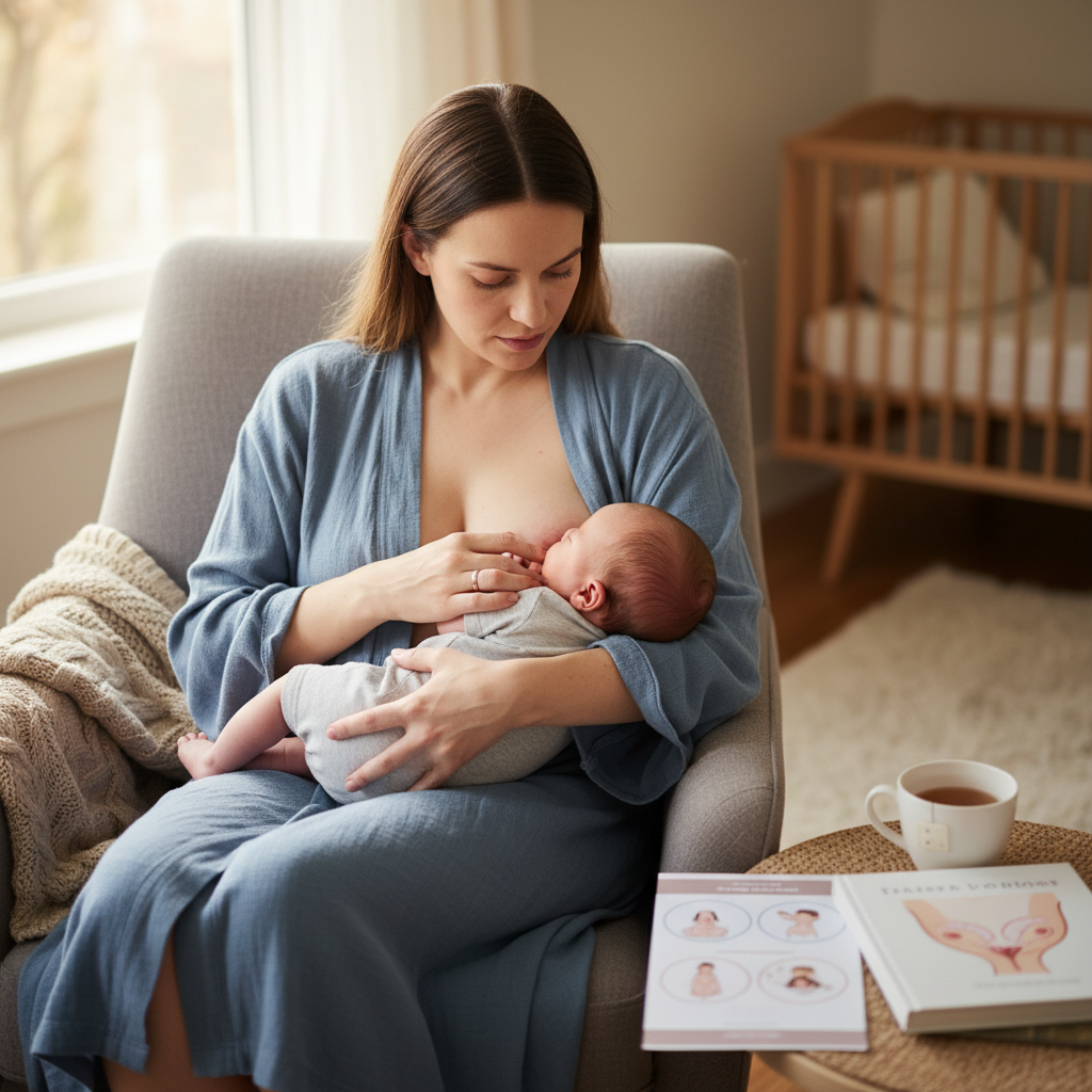 Breastfeeding mother noticing nipple pain and color change while holding her baby