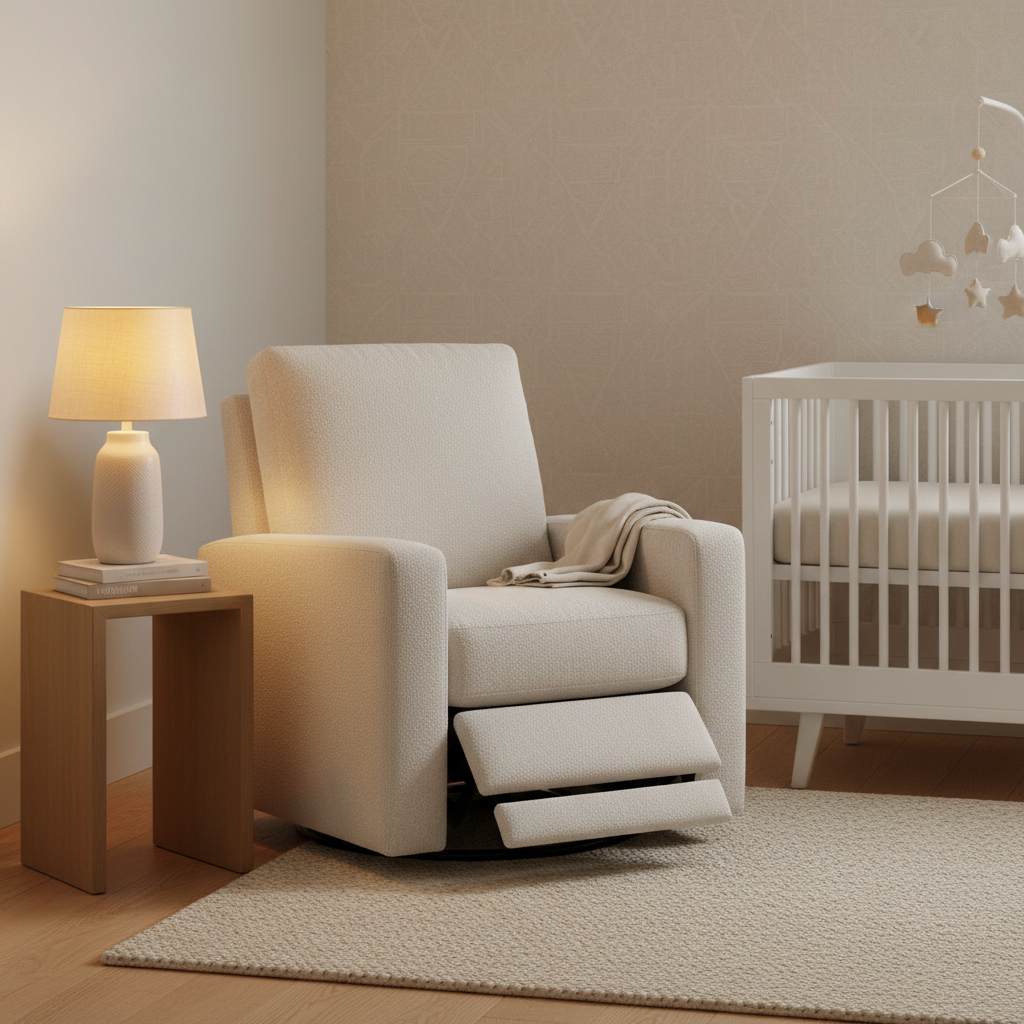 Cream nursery glider recliner beside a crib in a calm modern nursery
