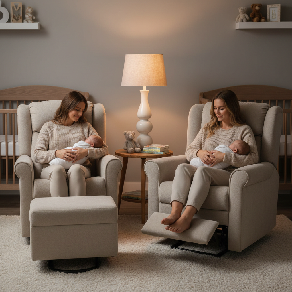 Nursery glider vs recliner comparison scene in a cozy nursery at night