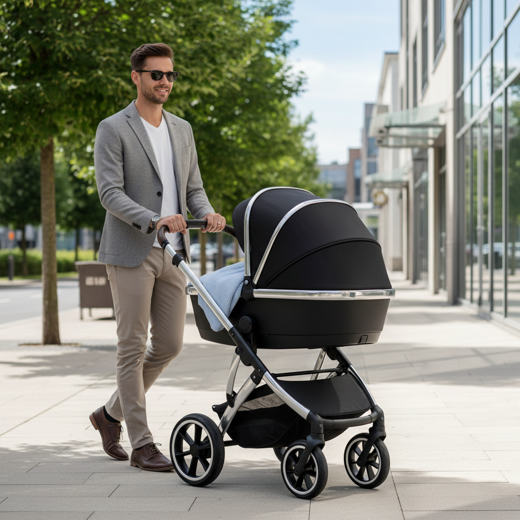 Parent walking with an infant stroller for baby stroller age guidance