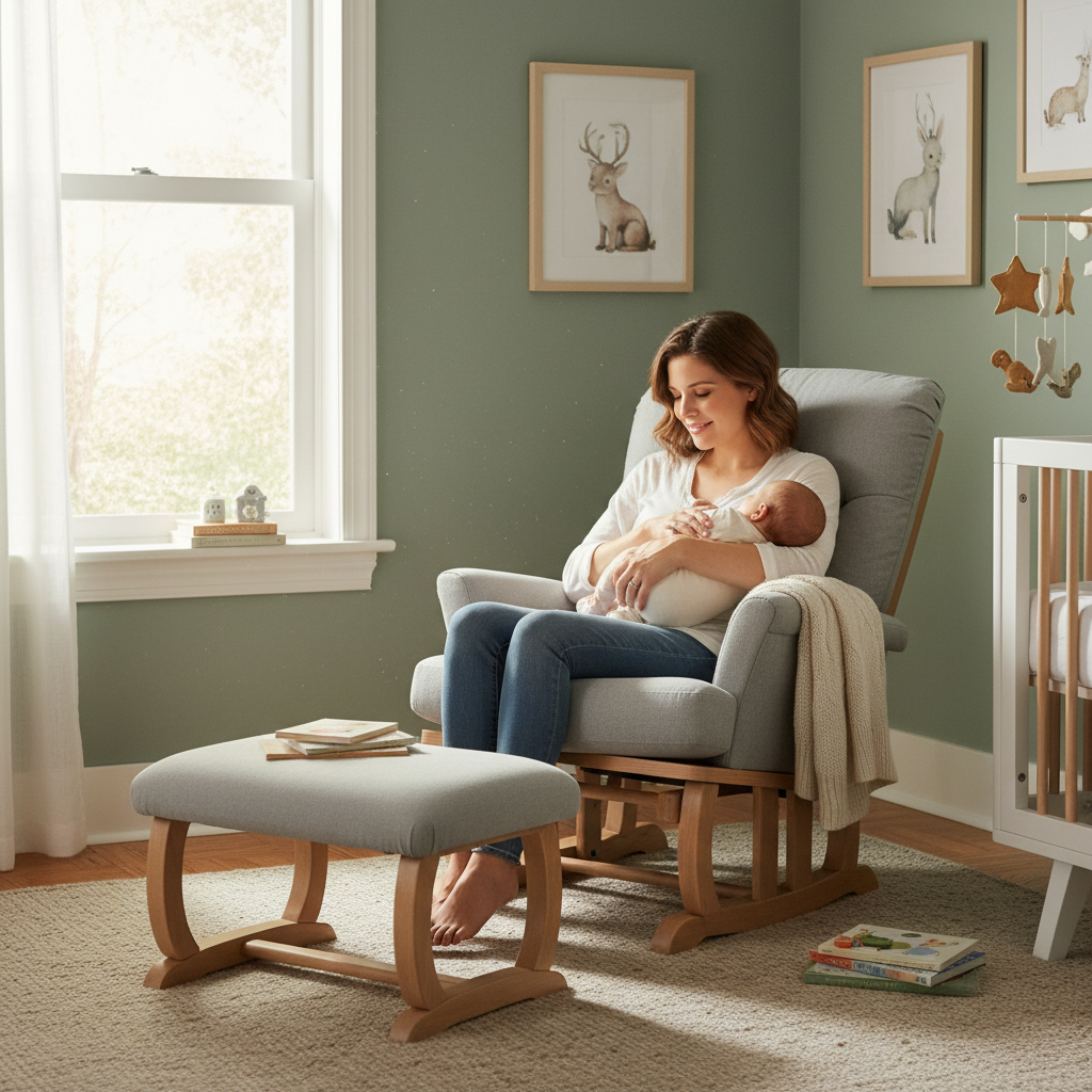Best nursery glider for new parents in a warm feeding room scene