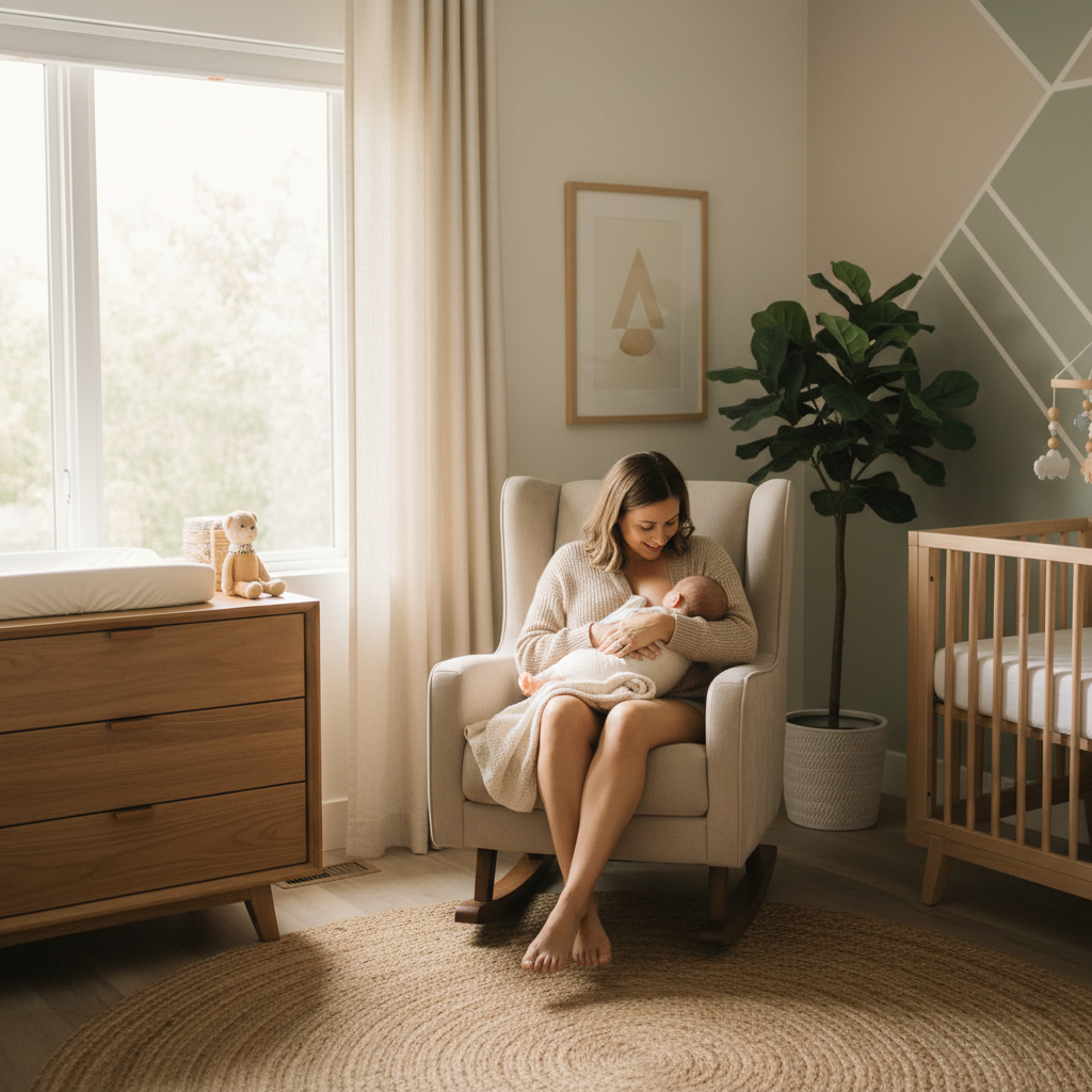 Parent nursing a newborn in a modern swivel rocker recliner nursery chair