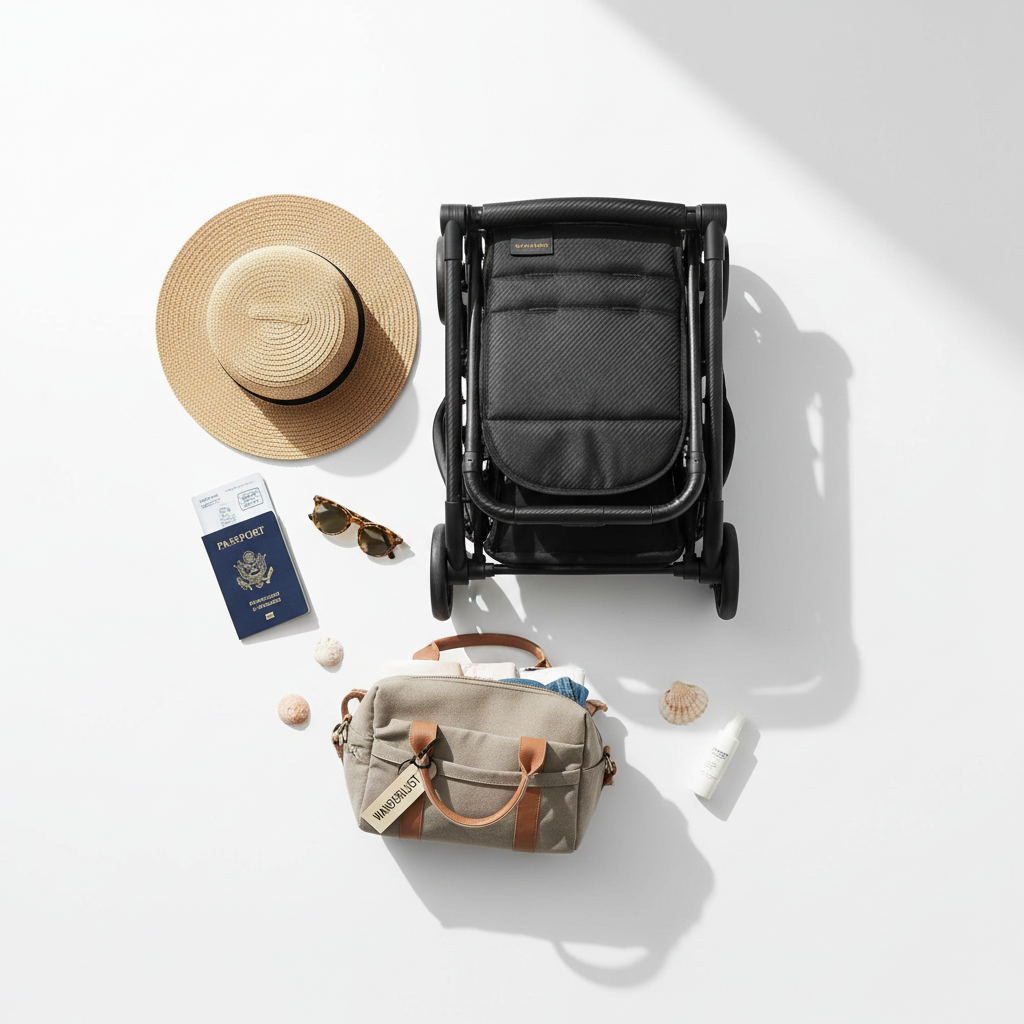 Best Prime Day stroller deals — carbon fiber travel stroller flat-lay with passport and sunhat