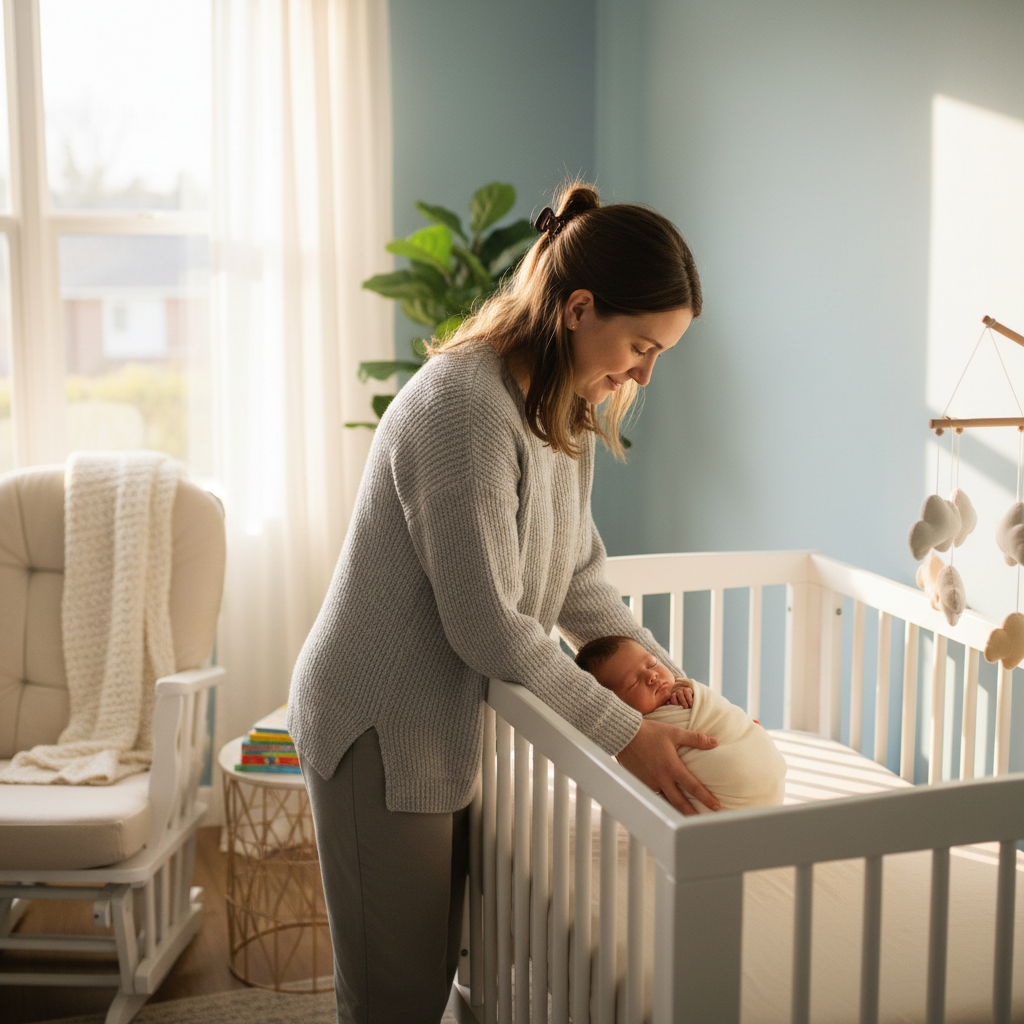 newborn sleep schedule guide with baby in safe crib