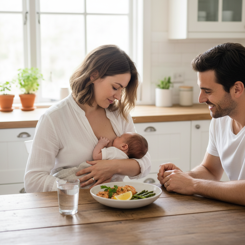 Breastfeeding mother with a fully cooked shrimp meal at the table