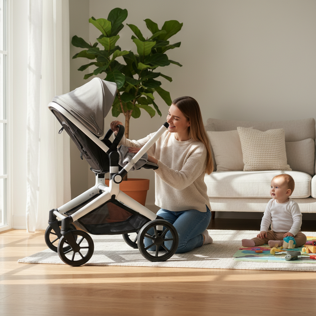 Mother cleaning a baby stroller with microfiber cloth at home, hygiene care guide