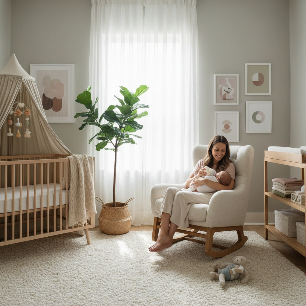 Mother feeding a baby in a supportive glider chair in a cozy nursery