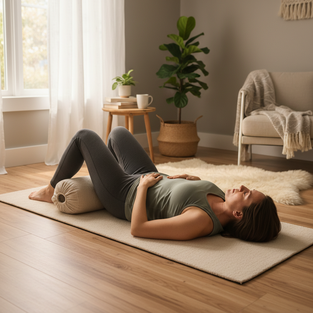 Postpartum mother doing gentle breathing and core recovery exercises at home