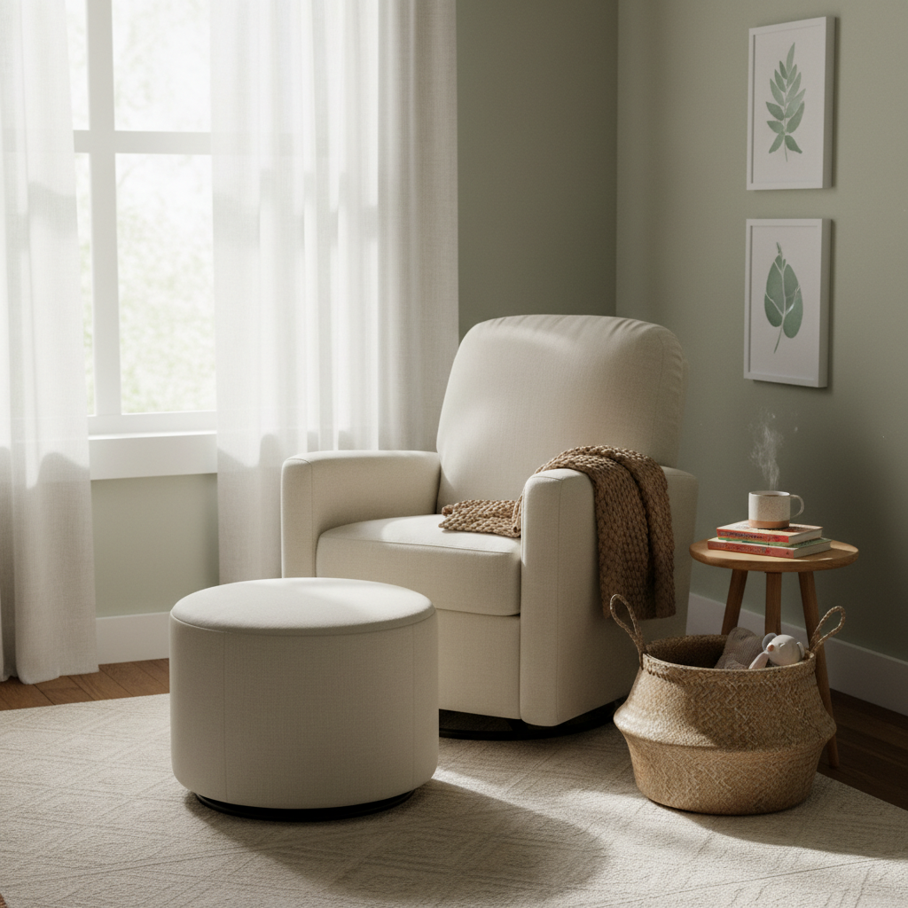Cream-colored nursery glider with ottoman in a softly lit, modern Japandi-style nursery — ideal nursery glider checklist setup for first-time parents