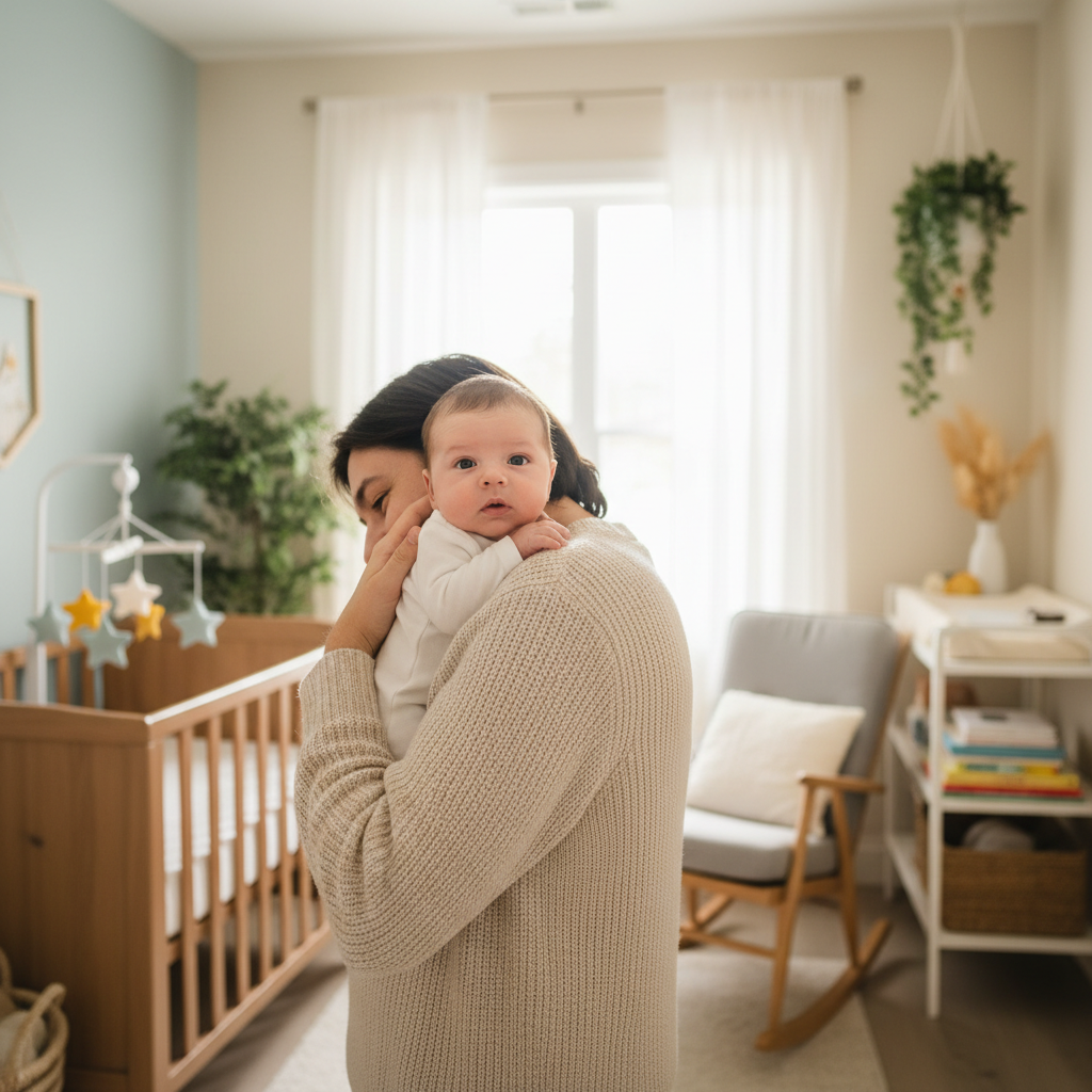 baby hiccups guide with parent holding newborn upright