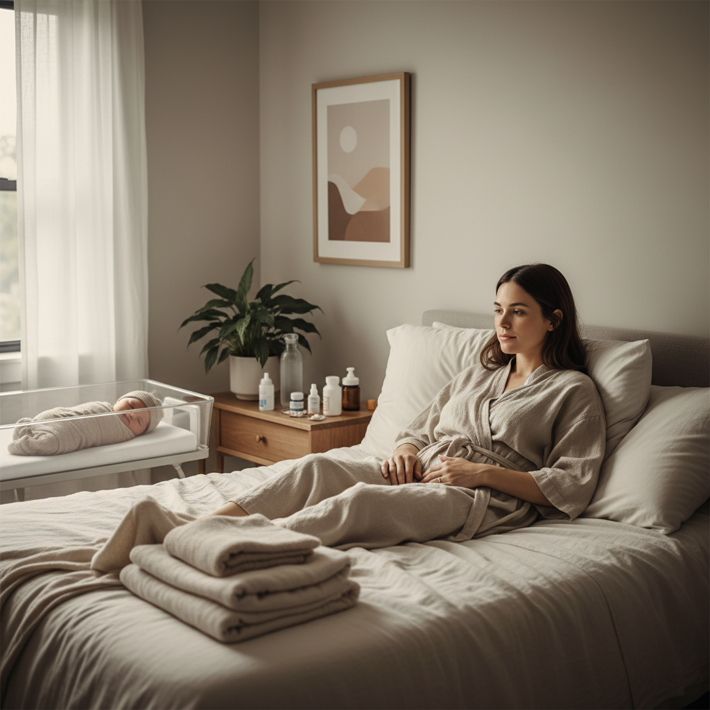 Mother in early postpartum recovery with hand on lower abdomen while caring for a newborn